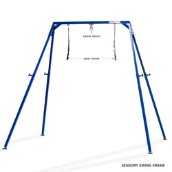 Blue sensory swing frame with labeled components on a white background