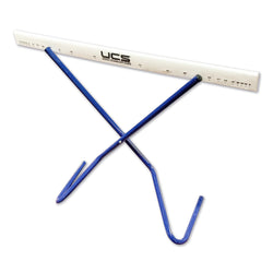 A blue metal stand with a white hurdle board attached, shown on a plain white background.