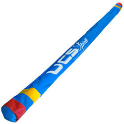 Blue UCS pole vault bag with red and yellow vinyl striping, shown closed with cap in place