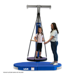 Child using a swing set with a blue platform and a woman assisting them, on a white background.